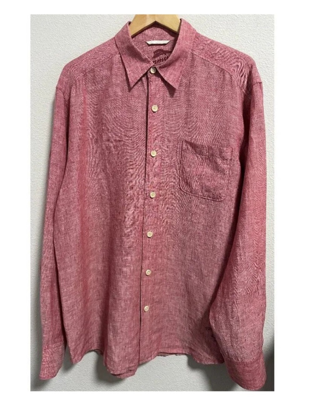 Tommy Bahama 100% Linen Button Down Shirt Red Pink Mens Large Island Casual